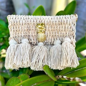 Iraca Palm Handmade Purse Natural Color With Front Tassels and Gold Medallion